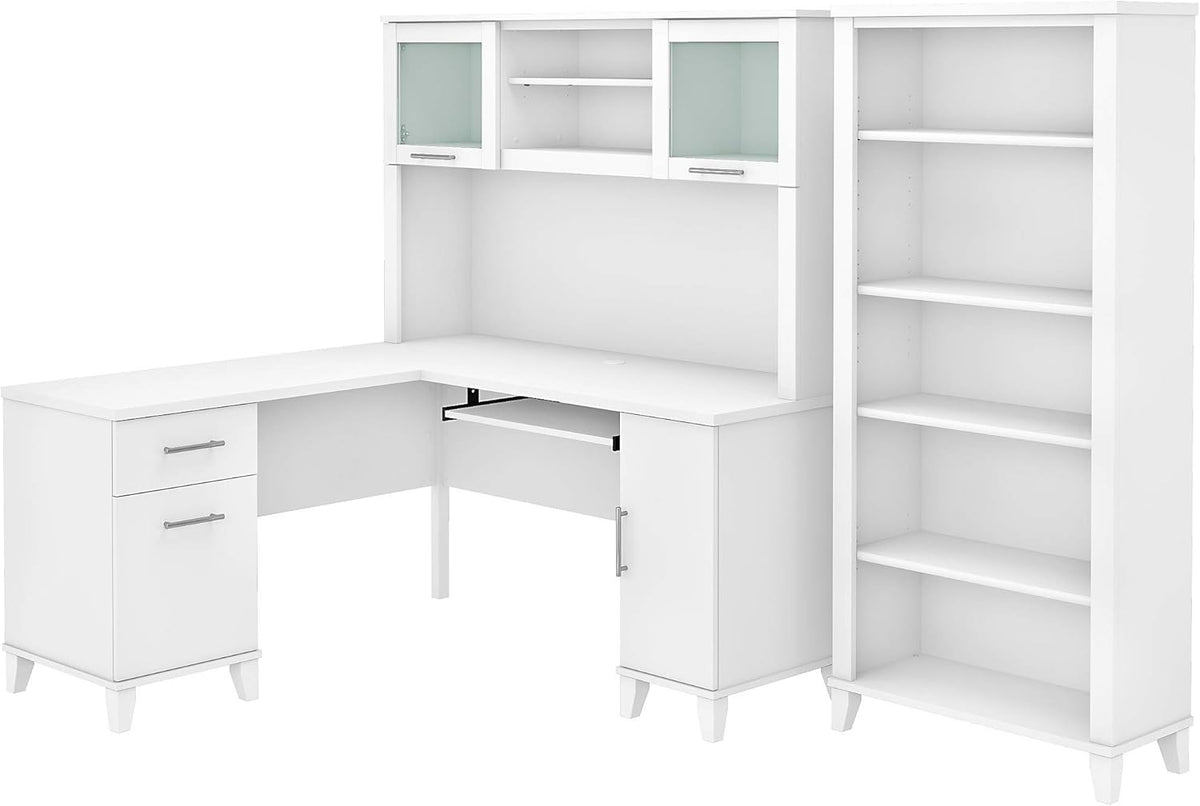 L Shaped Desk with Hutch and 5 Shelf Bookcase J471