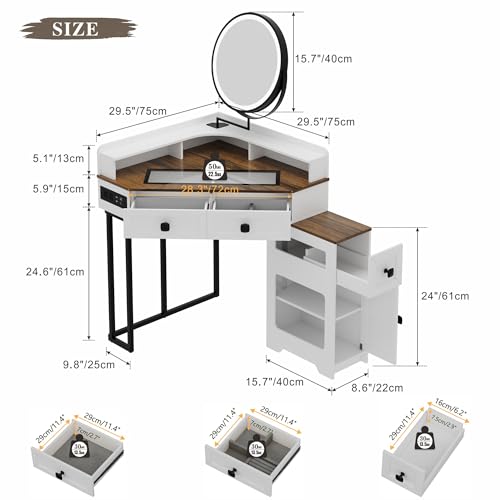 White Glass Top Corner Vanity Desk with Mirror and Lights, 4 Drawers Z466713