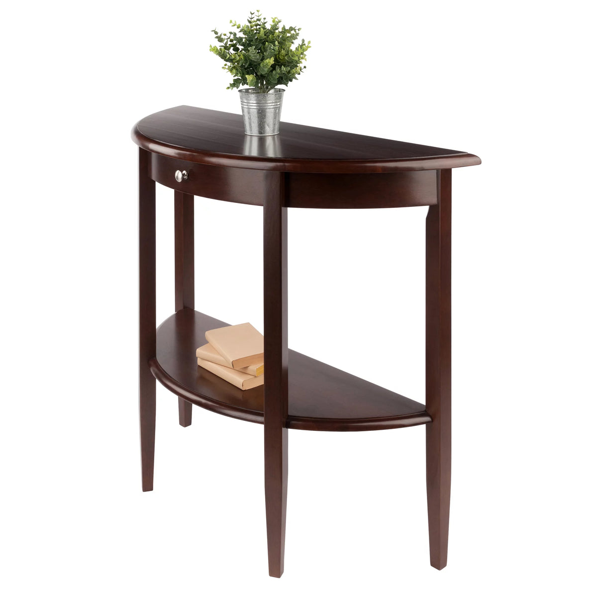 Walnut Half Moon Console Table with Drawer and Shelf E751