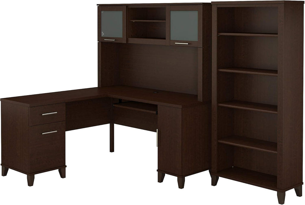 L Shaped Desk with Hutch and 5 Shelf Bookcase J471