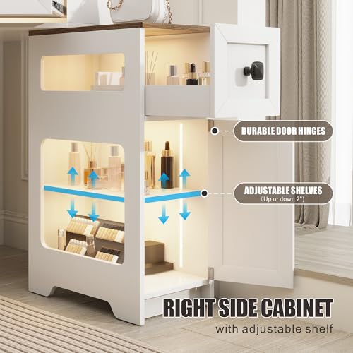 White Glass Top Corner Vanity Desk with Mirror and Lights, 4 Drawers Z466713