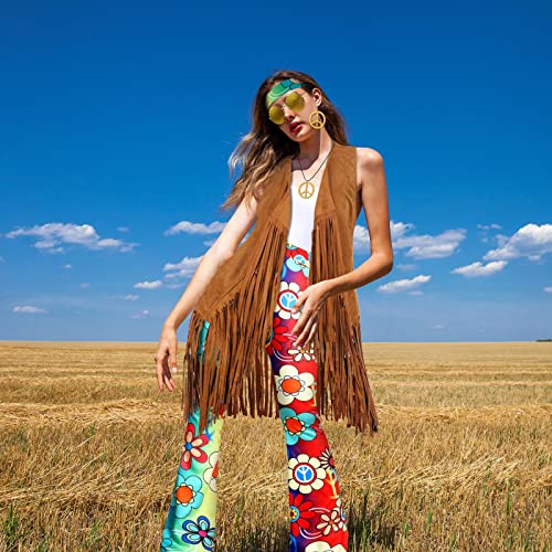 7 Pcs Hippie Costume Set with Flared Pants Fringe Vest Peace Sign Accessories S4542