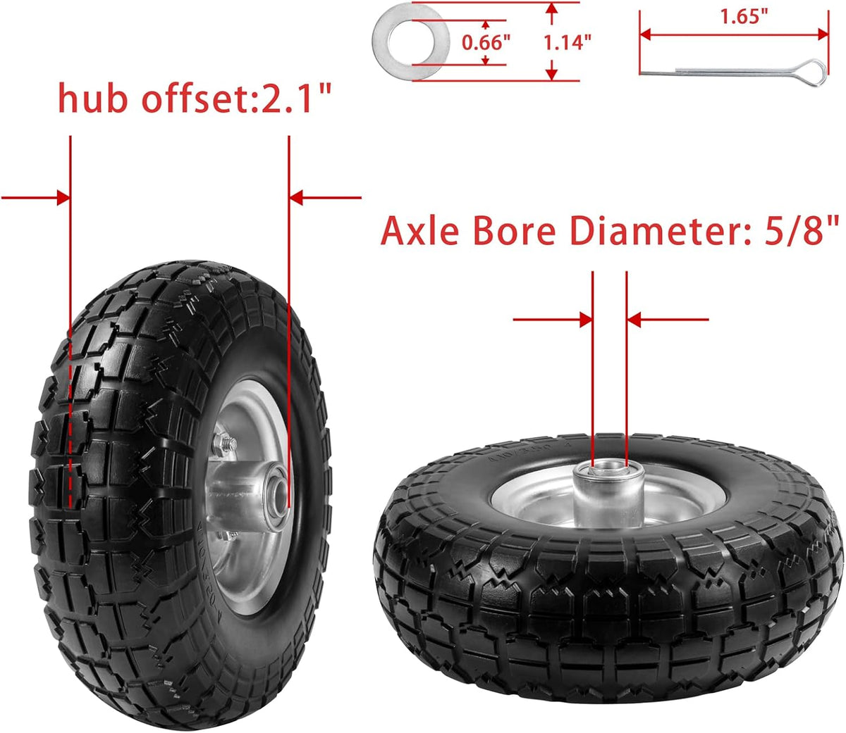 4.10/3.50-4 Flat-Free Solid Tires and Wheels with 5/8" Bearings 2-Pack V956
