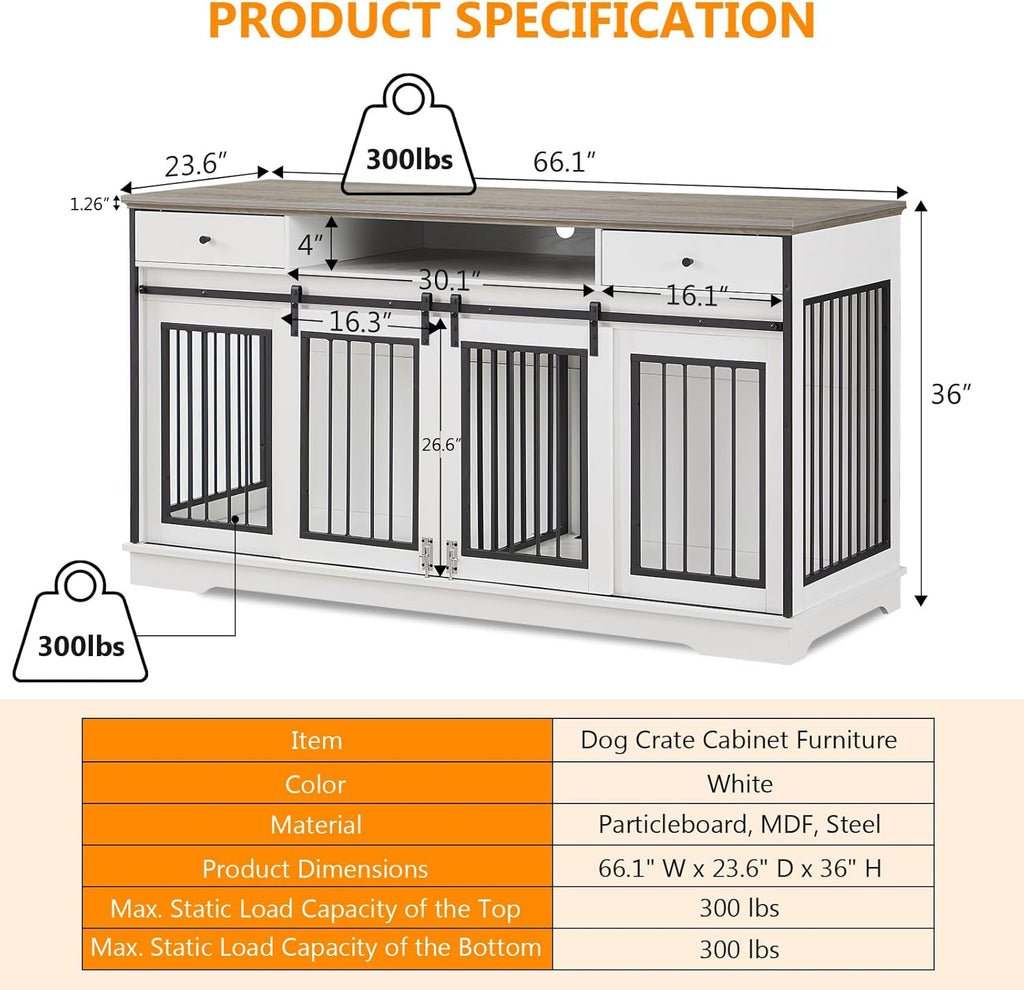 White Double Dog Crate Furniture with Divider and 2 Drawers S397