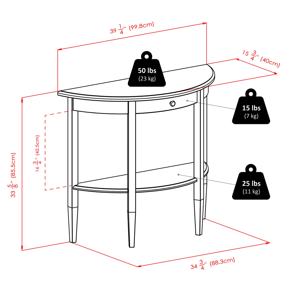 Walnut Half Moon Console Table with Drawer and Shelf E751