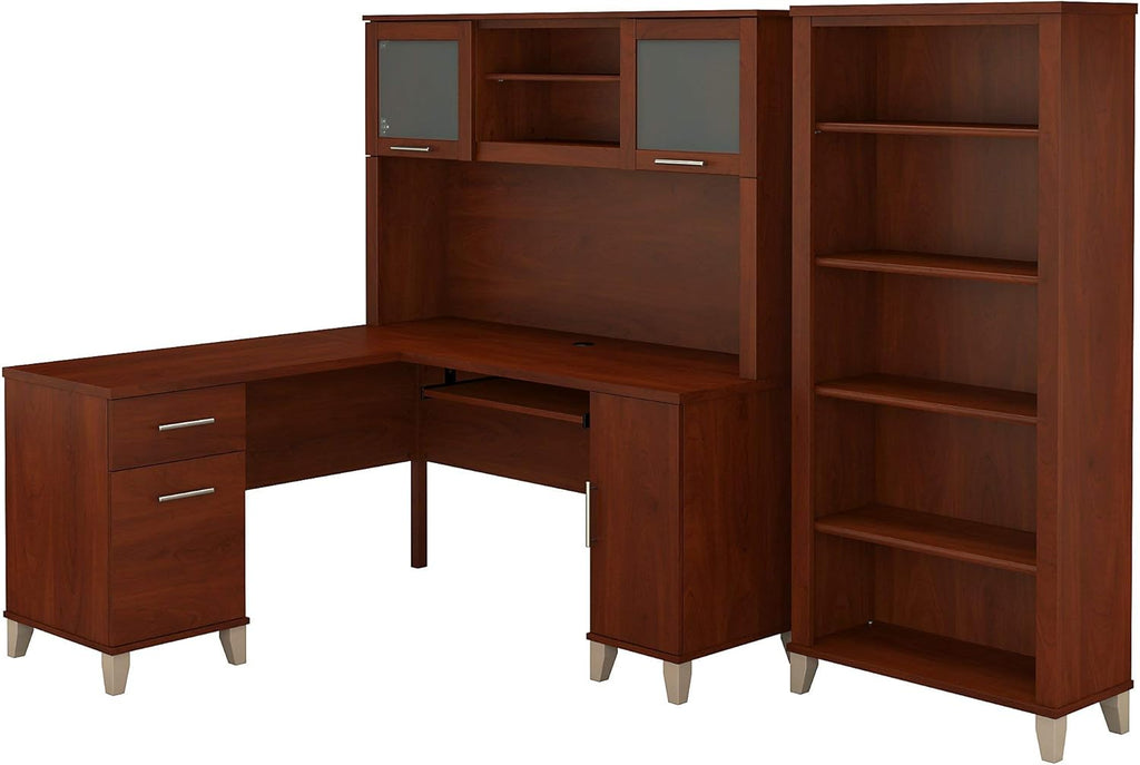 L Shaped Desk with Hutch and 5 Shelf Bookcase J471