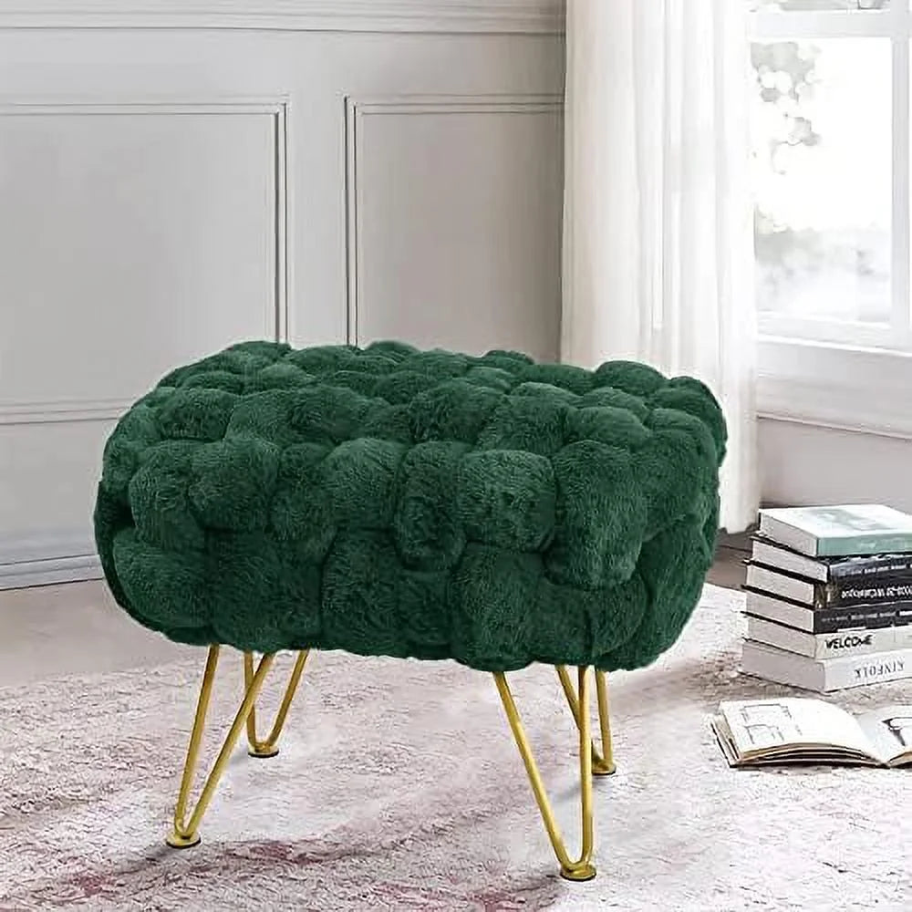 Pink Soft Faux Ottoman Fuzzy Bench Seat 27"x20"x19" Sturdy Accent Coffee Table Fluffy Shoe Stool with Golden Legs P4672