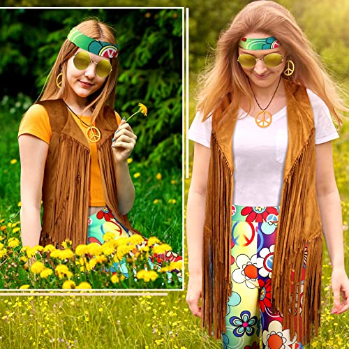 7 Pcs Hippie Costume Set with Flared Pants Fringe Vest Peace Sign Accessories S4542