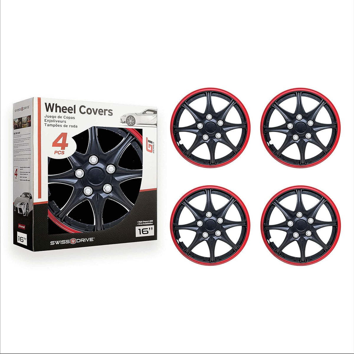 Black Red 16-Inch Set of 4 Car Wheel Hub Caps K957833