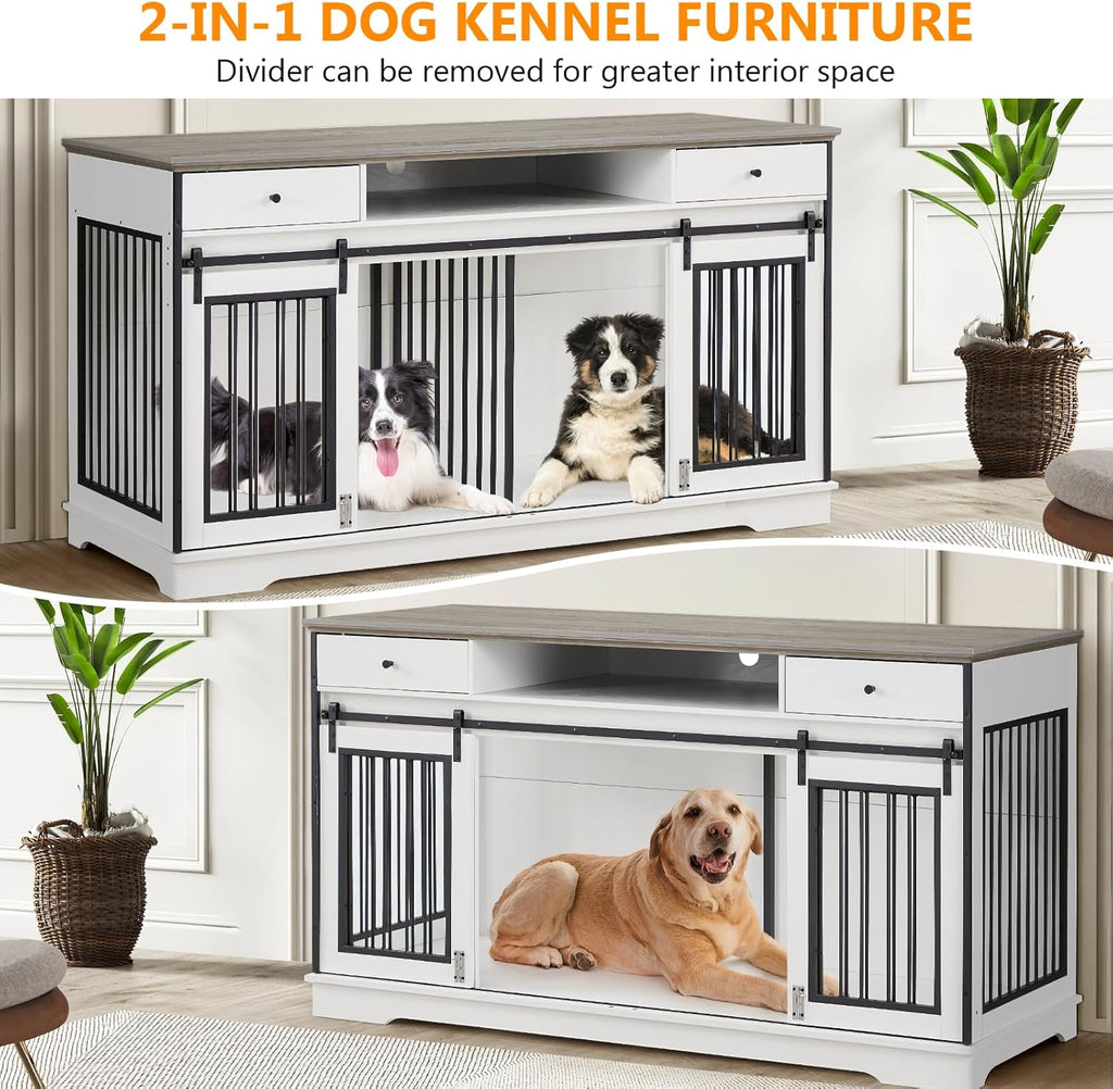 White Double Dog Crate Furniture with Divider and 2 Drawers S397