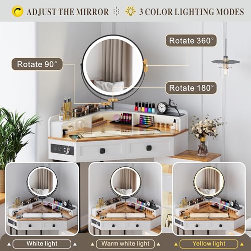 White Glass Top Corner Vanity Desk with Mirror and Lights, 4 Drawers Z466713