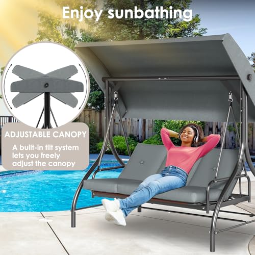 3-Seat Outdoor Patio Porch Swing with Adjustable Canopy & Backrest W929059