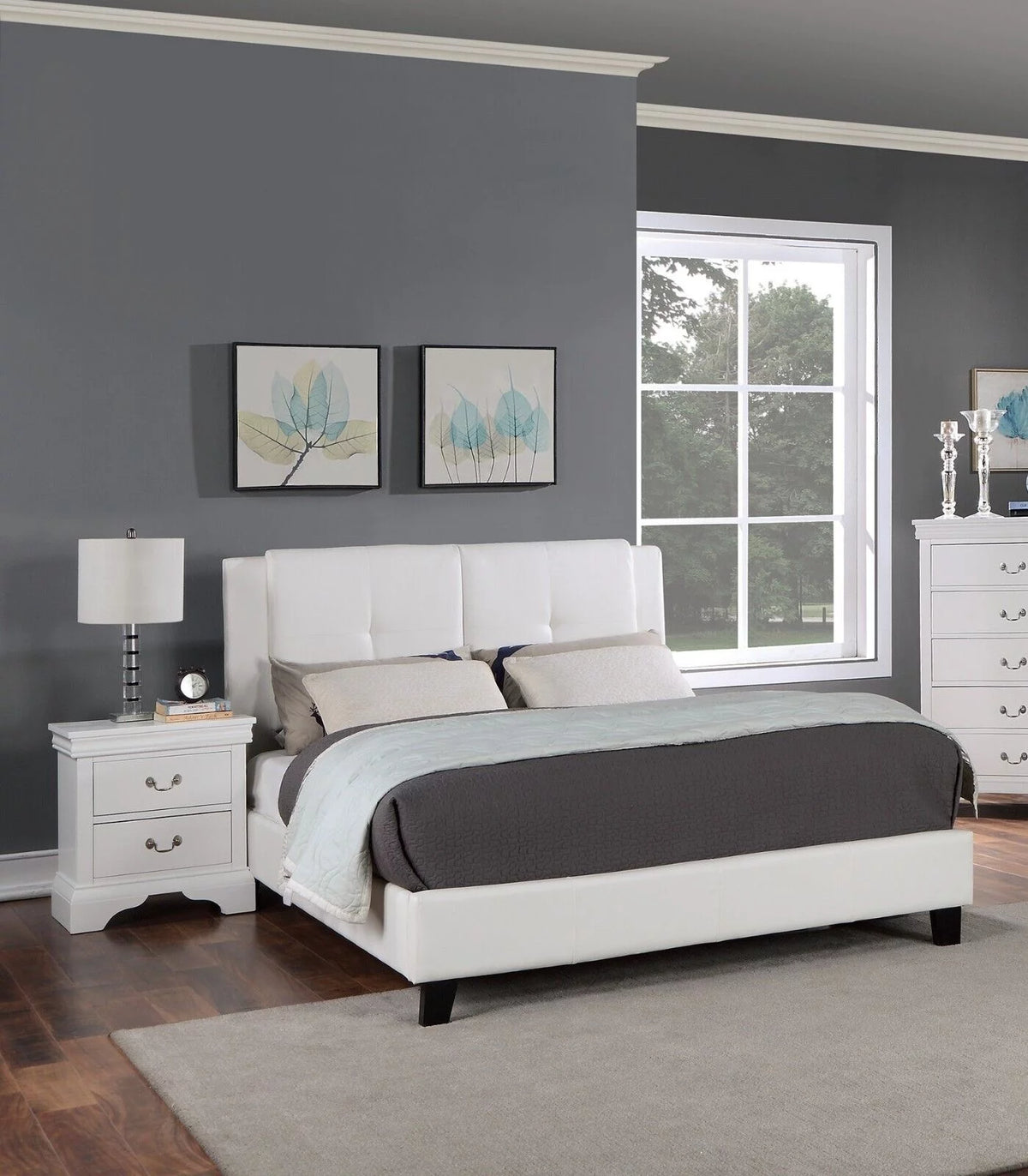 White Faux Leather Panel Headboard Eastern King Size Bed 3pc Set N981