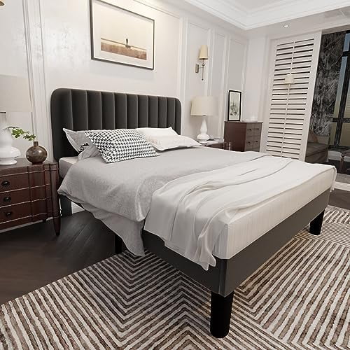 Queen Size Platform Bed Frame with Headboard Grey K2148