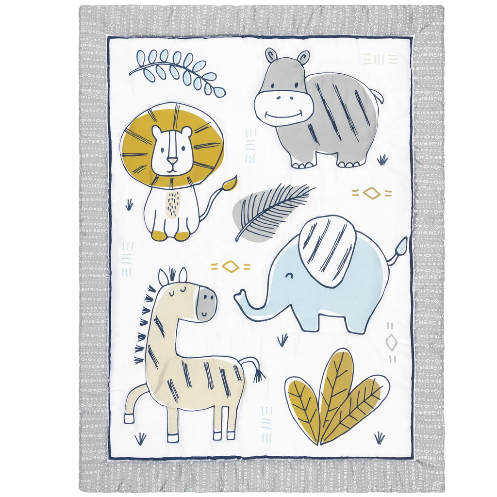 4 Piece Crib Bedding Set, White, Tan, Orange, Blue, Navy and Gray, 100% Microfiber, Polyester Fill, Quilt, Fitted Crib Sheet, Skirt and Plush Toy Y721586
