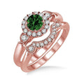 Emerald and Diamond Antique Three Stone Flower Halo Bridal Set in 14k Rose Gold L40669