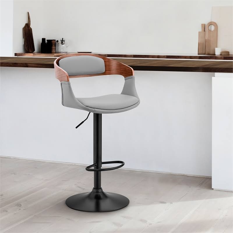Gray Faux Leather and Walnut Wood Bar Stool with Black Base V4667