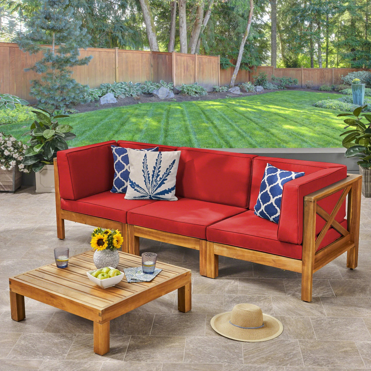 Red and Teak Acacia Wood Sofa and Coffee Table Set T755