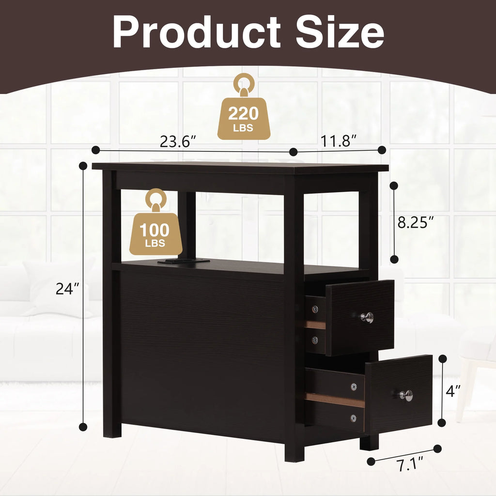 Set of 2 Narrow End Table with Charging Station and 2 Drawers F78212