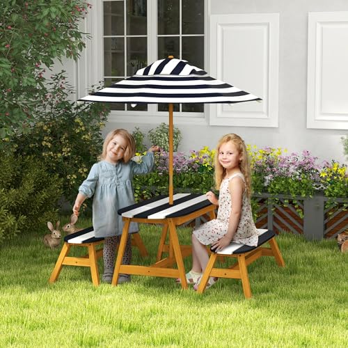 Wooden Kids Table and Benches Set with Umbrella J565713
