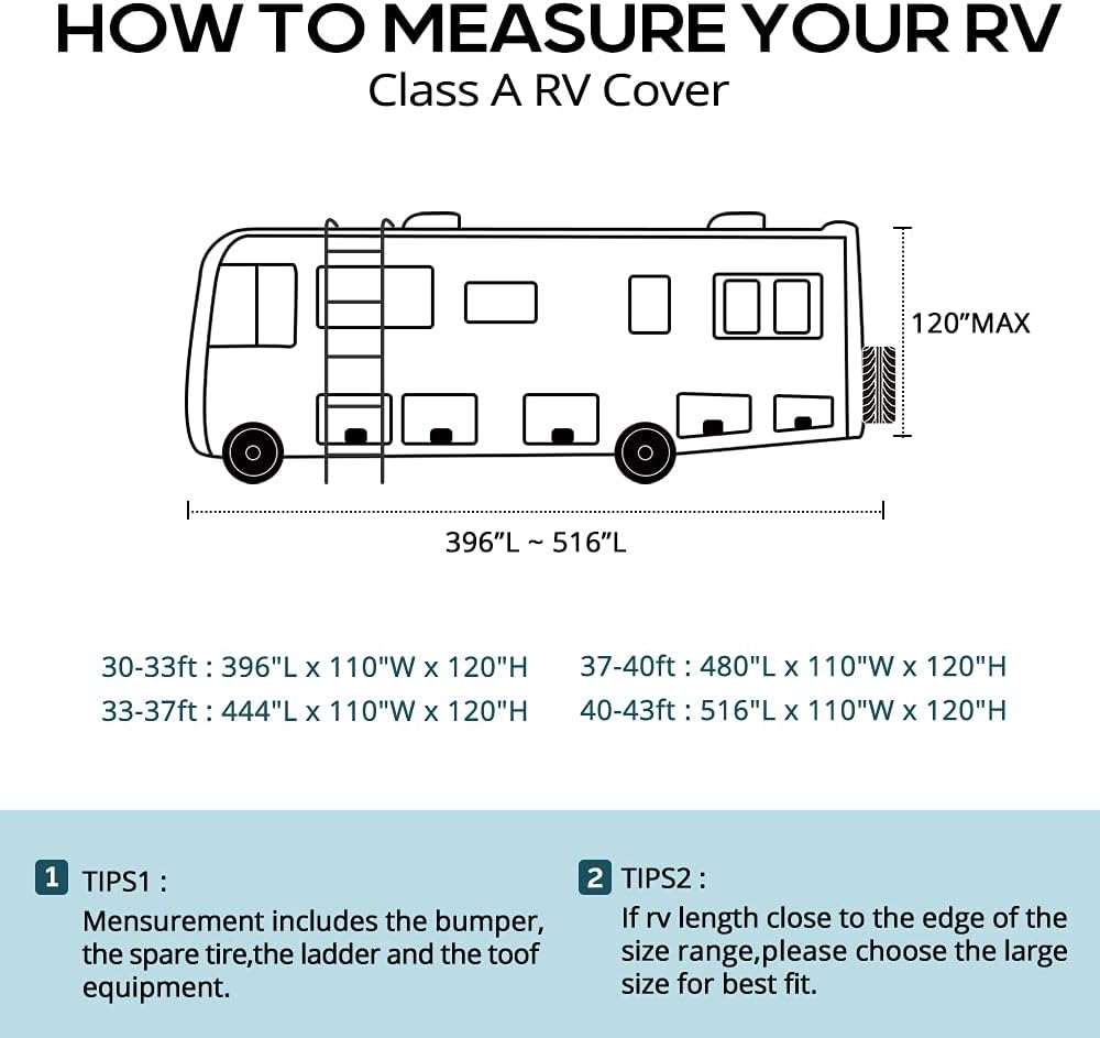 RV Cover, Extra-Thick 6-ply, Fits 40 - 43Ft Motorhome, with 2 Windproof Straps, 4 Tire Covers Y84358