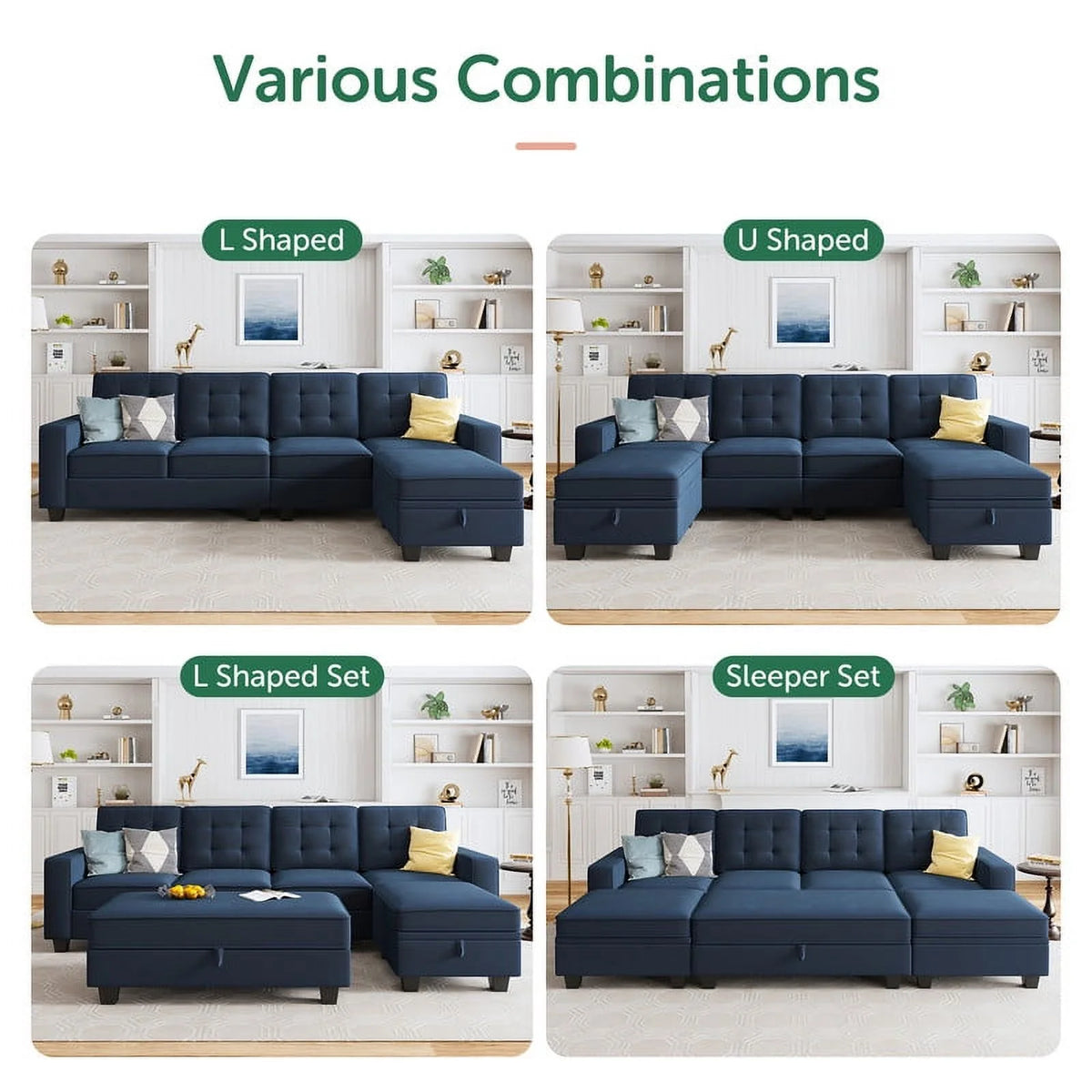 Dark Blue U-Shaped Sectional Sofa with Reversible Chaises and Storage Ottomans J483353