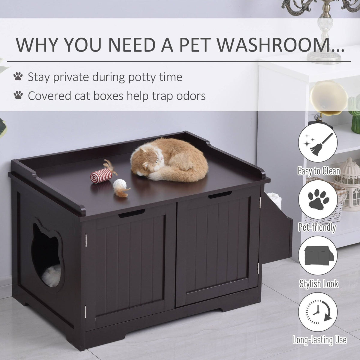 White Wooden Cat Litter Box Enclosure with Nightstand and Storage Rack U18278