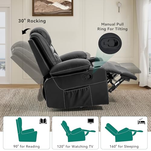 Black Faux Leather Swivel Rocker Recliner Chair with Massage & Heat P6253