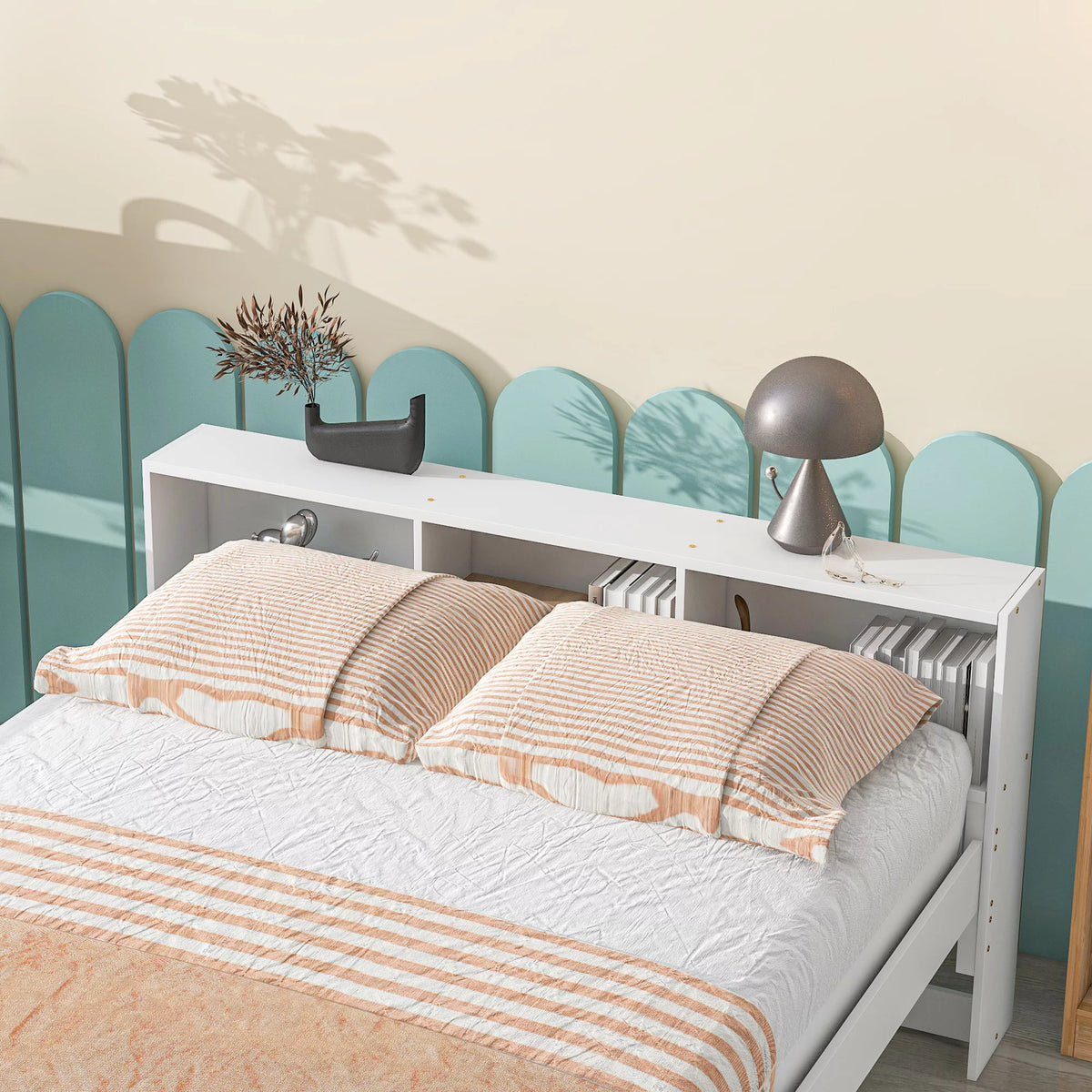 Full Over Full Bunk Beds with Bookcase Headboard, Solid Wood Bed Frame with Safety Rail and Ladder, White W257338