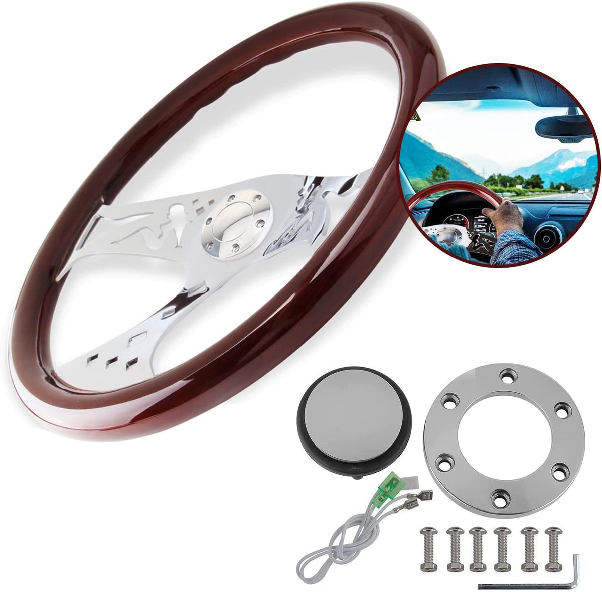 Classic Wood Grain Steering Wheel with Horn Button Kit E609892