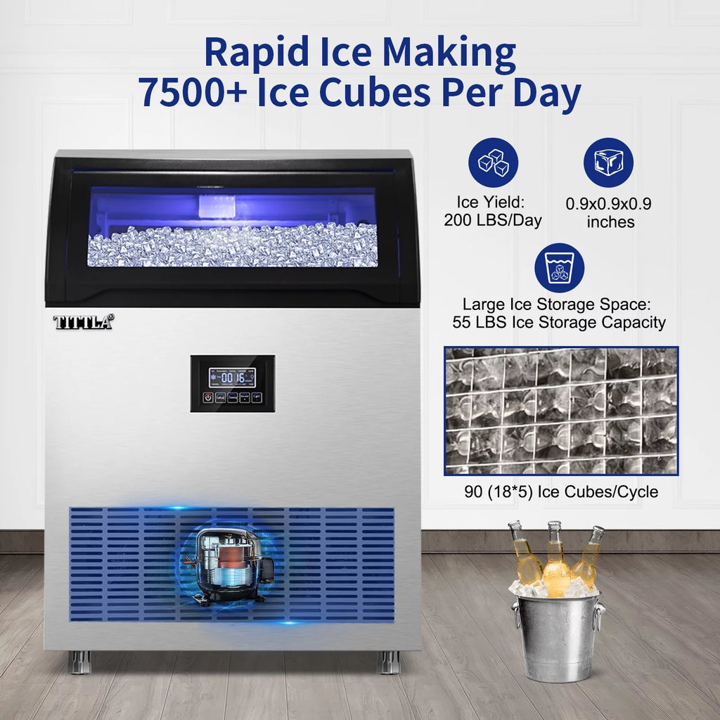 Commercial Ice Maker 200lbs/24H Stainless Steel Under Counter with 55lbs Ice Storage X22607