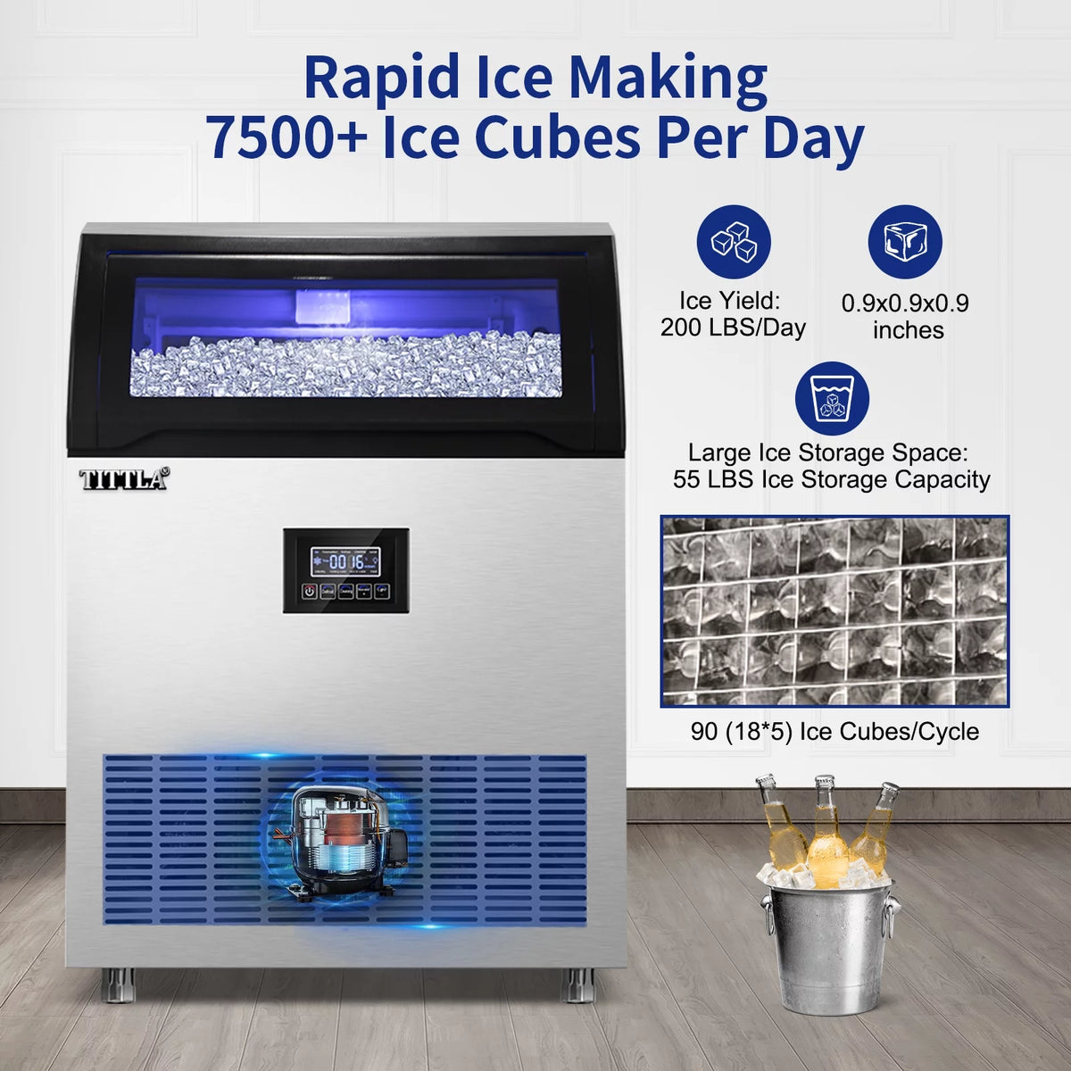 Commercial Ice Maker 200lbs/24H Stainless Steel Under Counter with 55lbs Ice Storage X22607