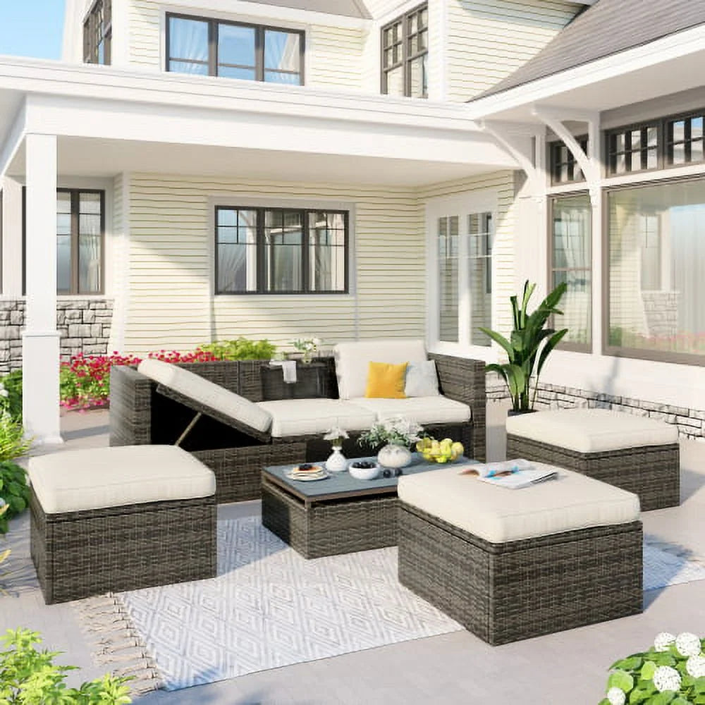 5-Piece Patio Wicker Sofa with Ottomans and Lift Top Coffee Table X7341