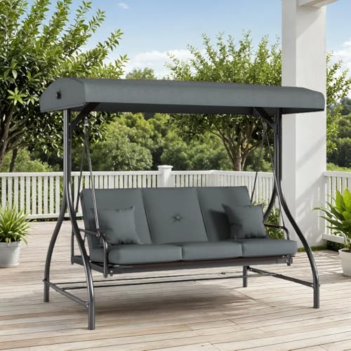3-Seat Outdoor Patio Porch Swing with Adjustable Canopy & Backrest W929059