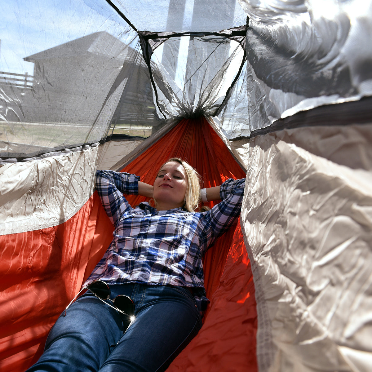 Nylon Mosquito Hammock with Attached Bug Net, 1 Person Red and Taupe, 115" L x 59" W E992