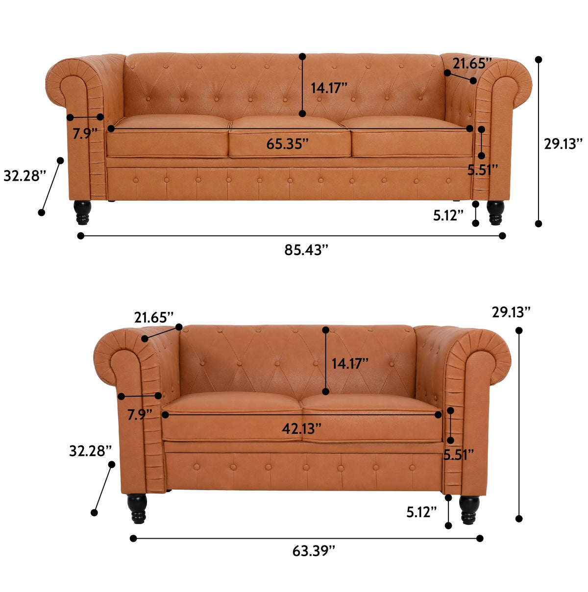 Caramel Air Leather Chesterfield Love Seat & Sofa X467246