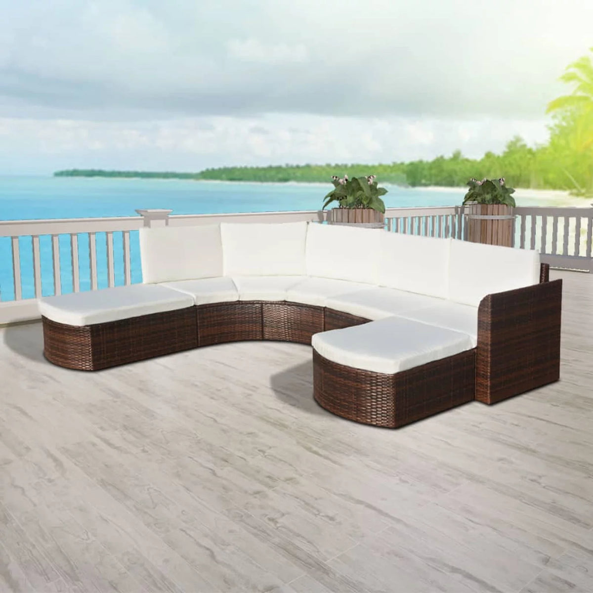 4 Piece Cushioned Corner Sofa with 2 Ottoman Brown Poly Rattan Outdoor Conversation Set G2547