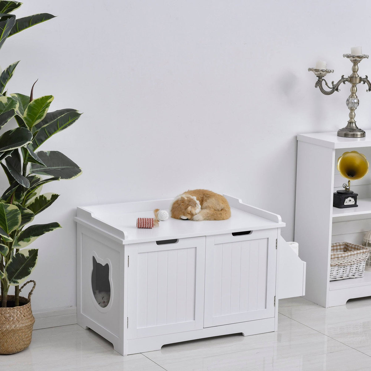 White Wooden Cat Litter Box Enclosure with Nightstand and Storage Rack U18278