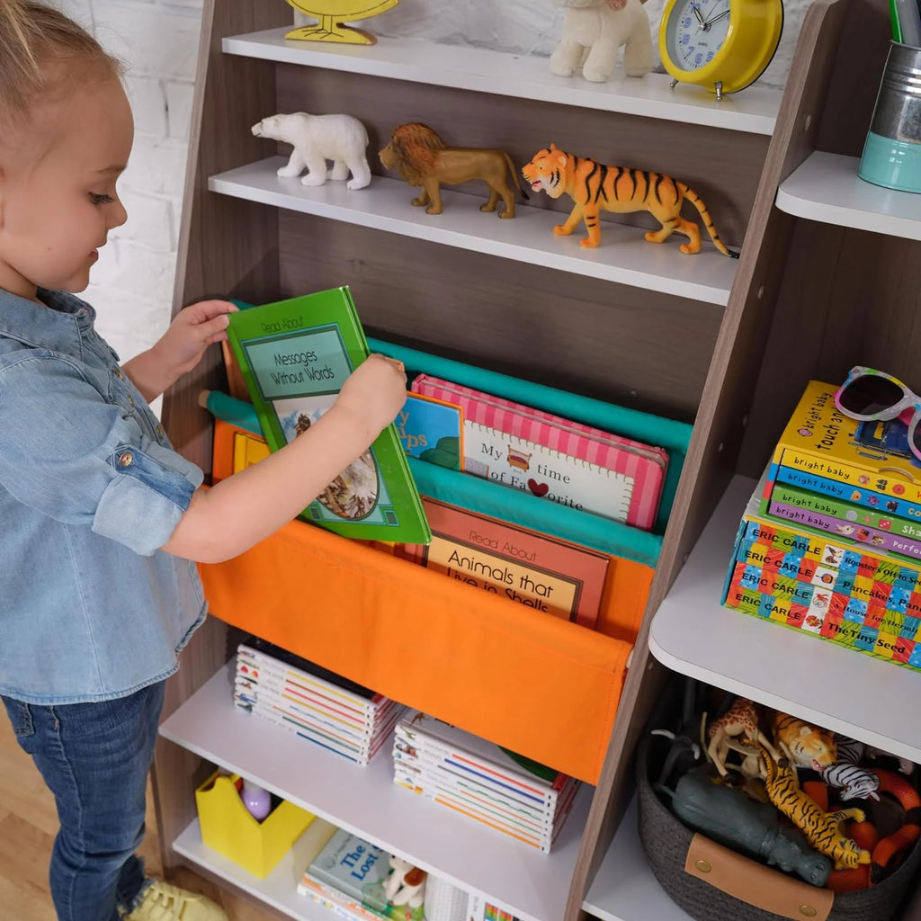 Wood Bookshelf with Slings and Shelves Q659