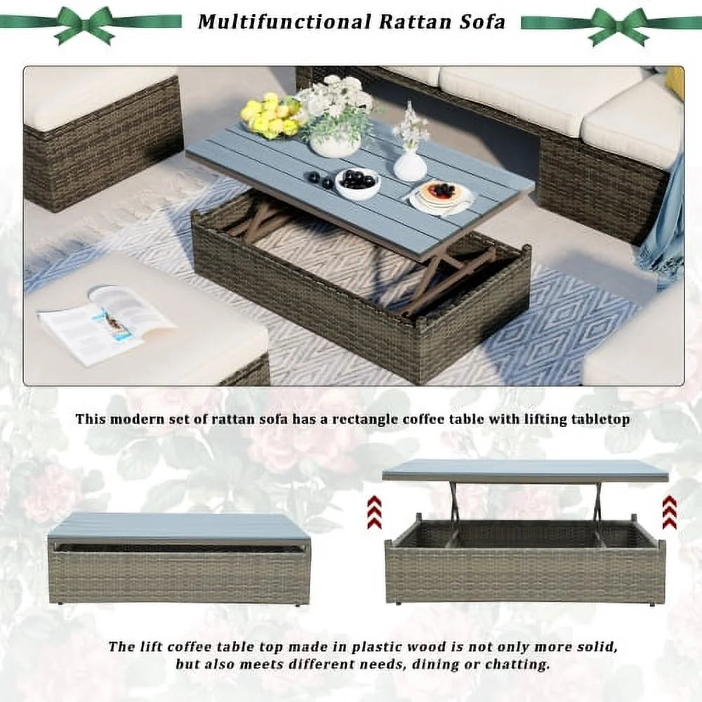 5-Piece Patio Wicker Sofa with Ottomans and Lift Top Coffee Table X7341