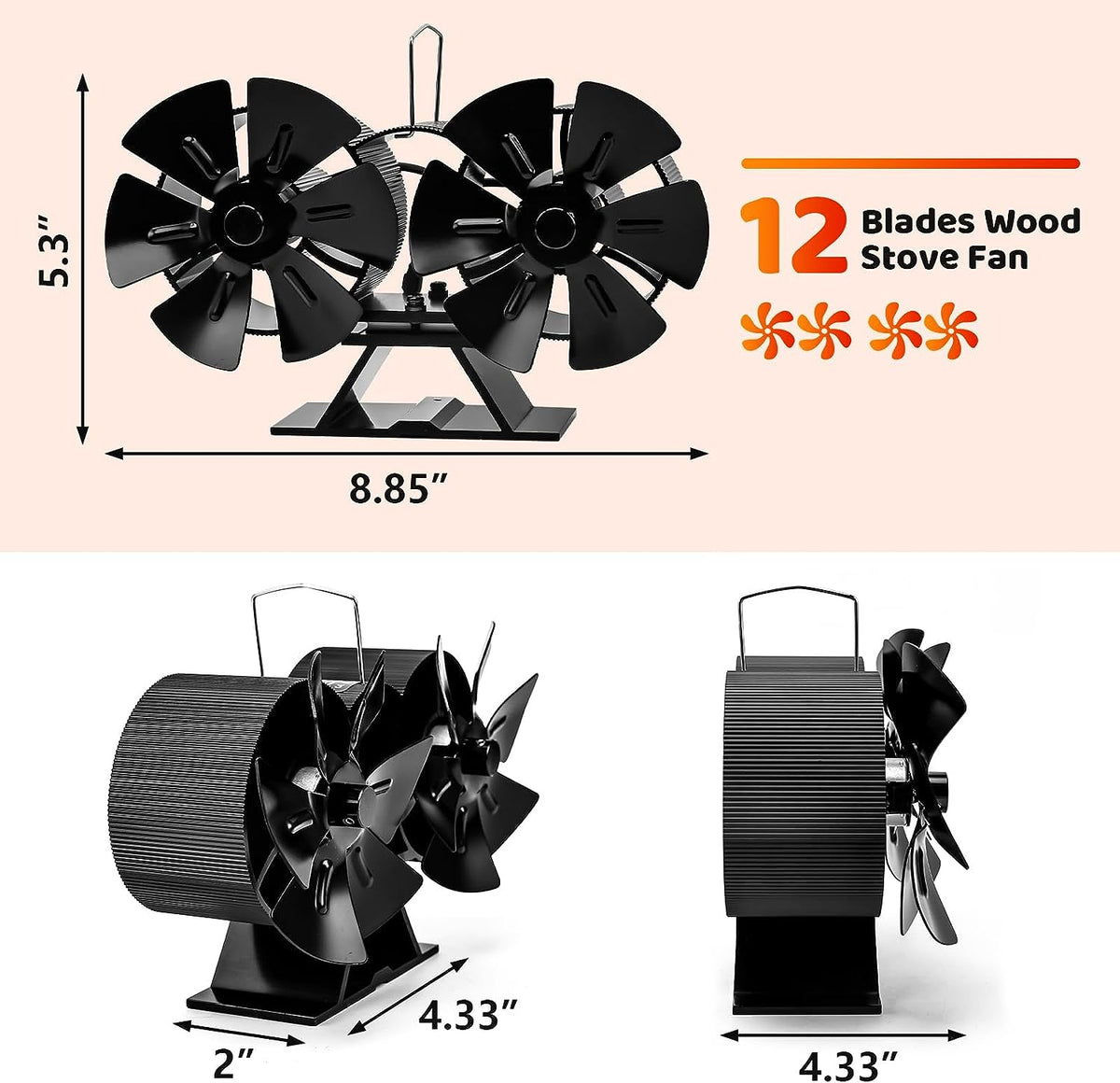 12 Blades Heat Powered Stove Fan with Bracket D333