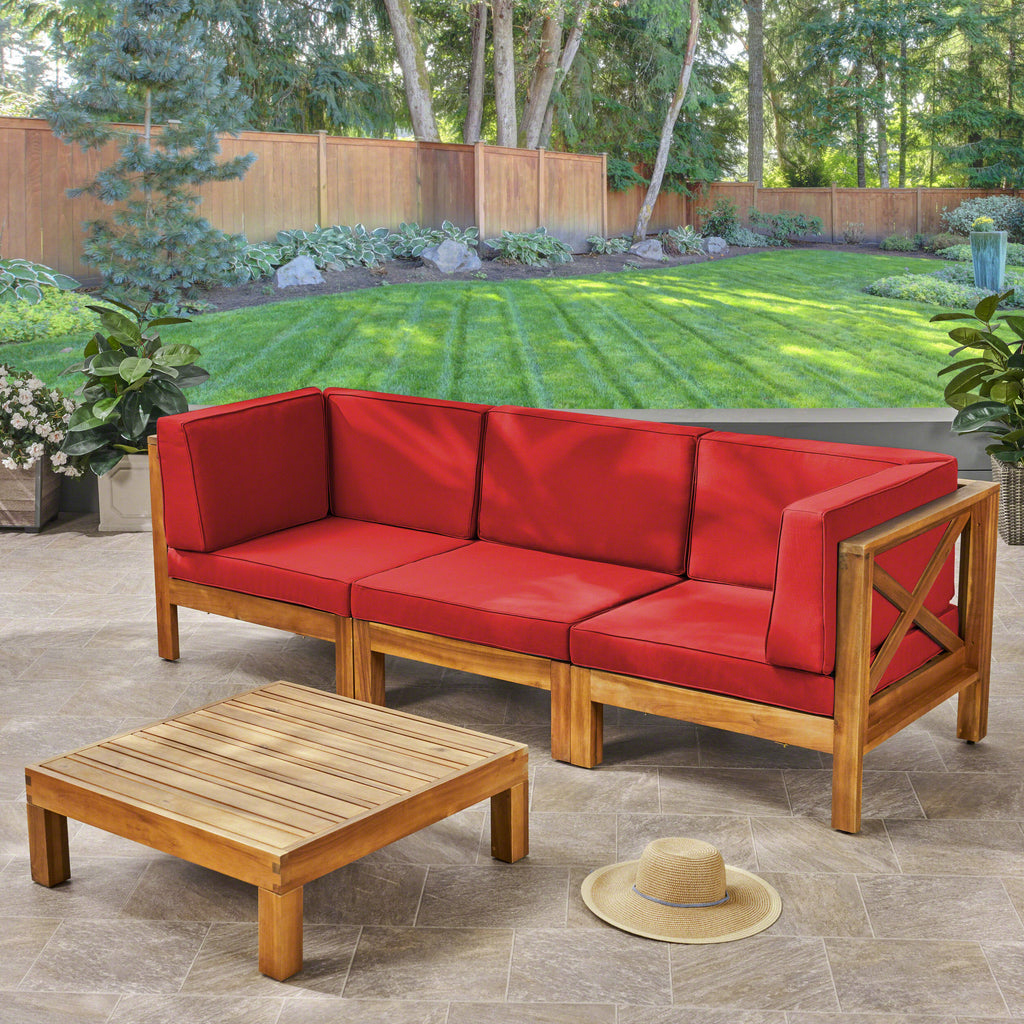 Red and Teak Acacia Wood Sofa and Coffee Table Set T755