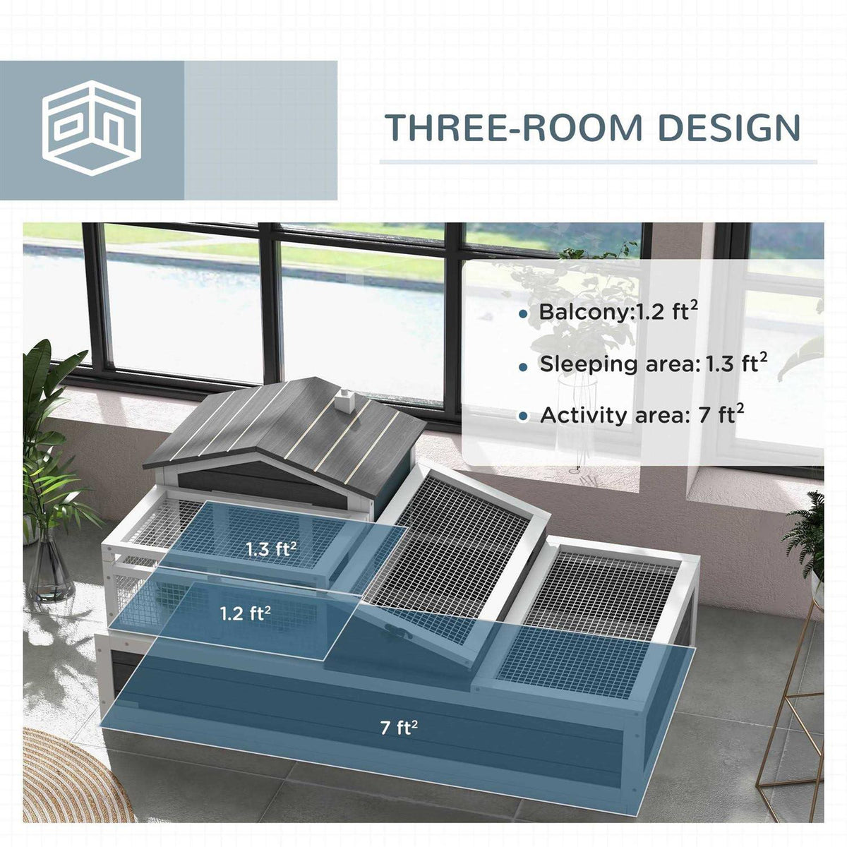 3-Room Wooden Tortoise Habitat House with Balcony C3890