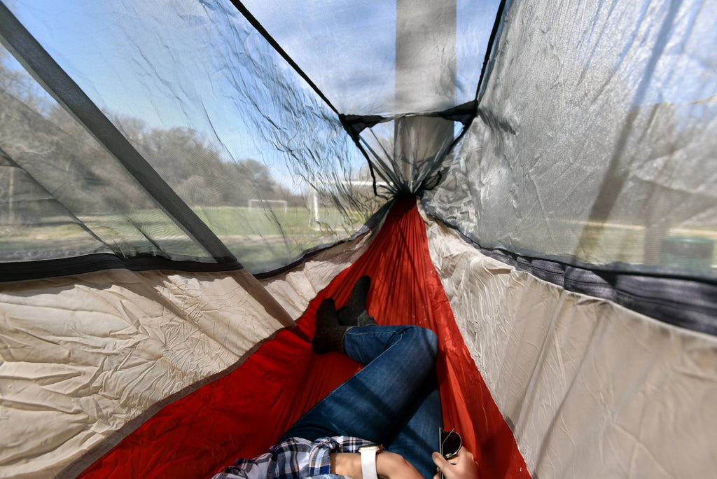 Nylon Mosquito Hammock with Attached Bug Net, 1 Person Red and Taupe, 115" L x 59" W E992