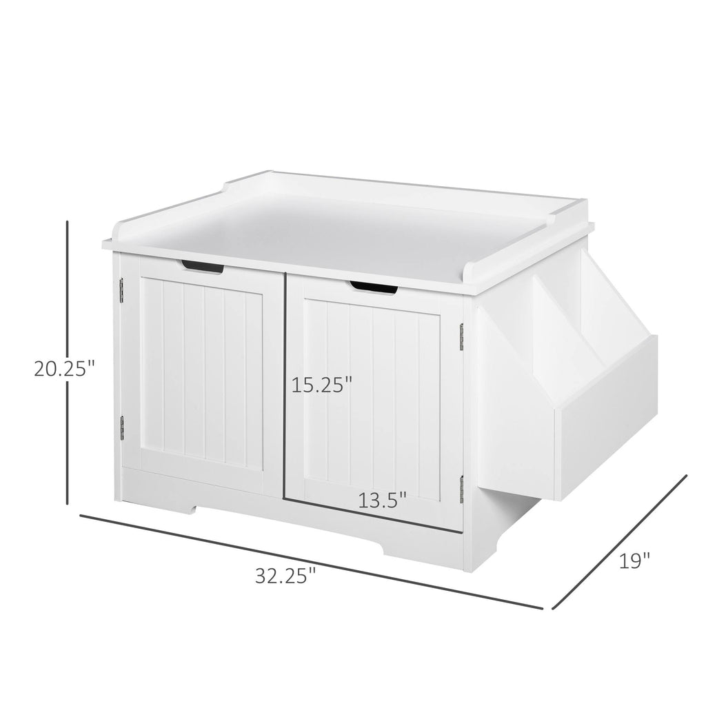 White Wooden Cat Litter Box Enclosure with Nightstand and Storage Rack U18278