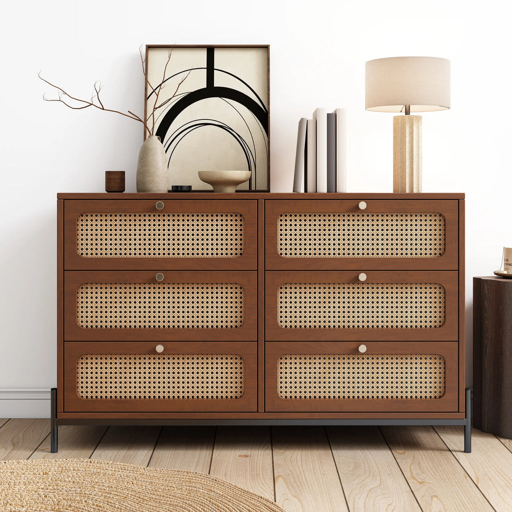 Walnut 2-Drawer Rattan Wood Side Table C9477