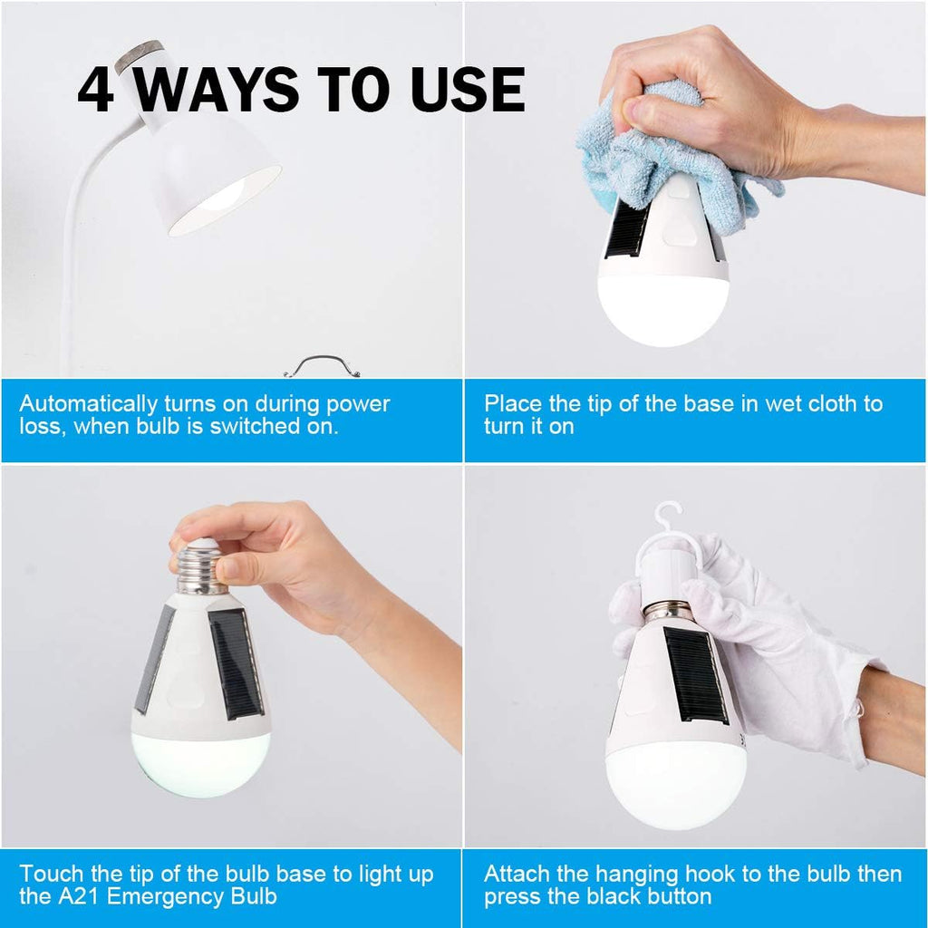 4 Pack LED Solar Rechargeable Emergency Light Bulbs, E26/E27 7W 6000k O618633