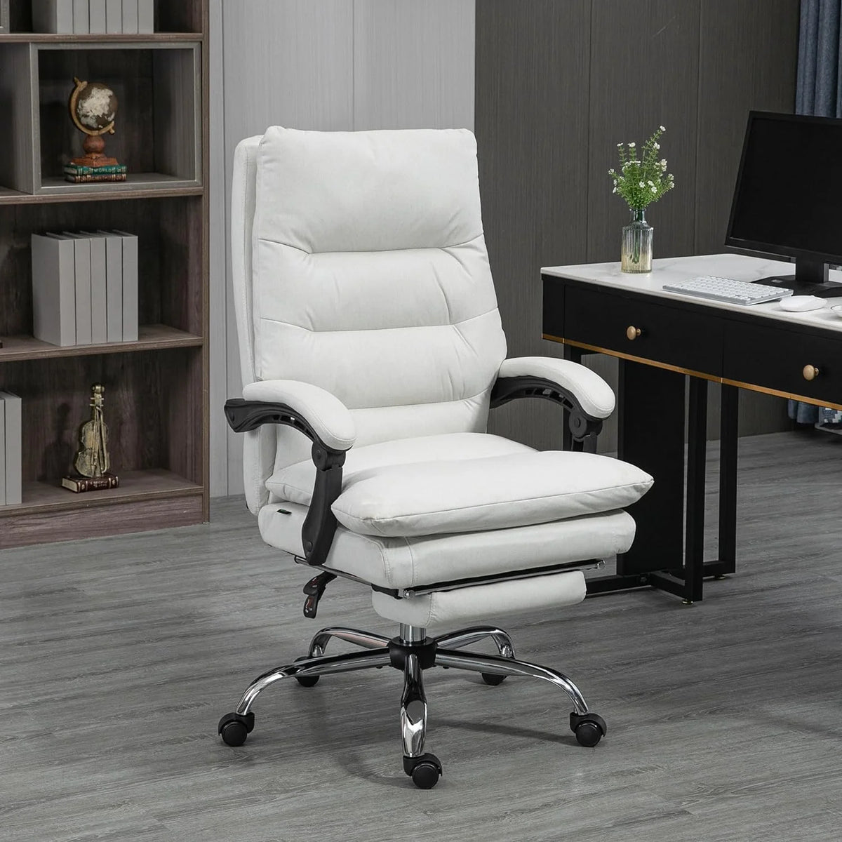 Cream White Microfibre Heated Reclining Massage Office Chair with Footrest P4835