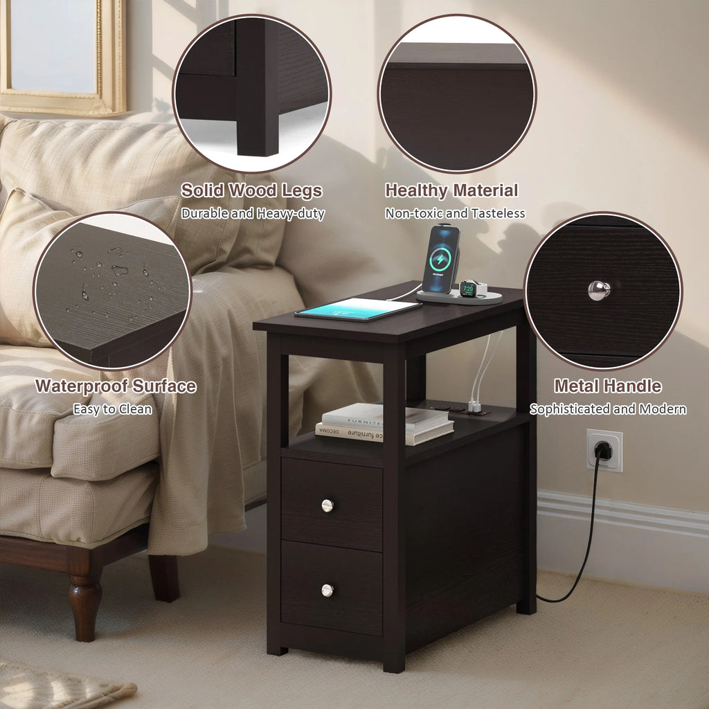 Set of 2 Narrow End Table with Charging Station and 2 Drawers F78212