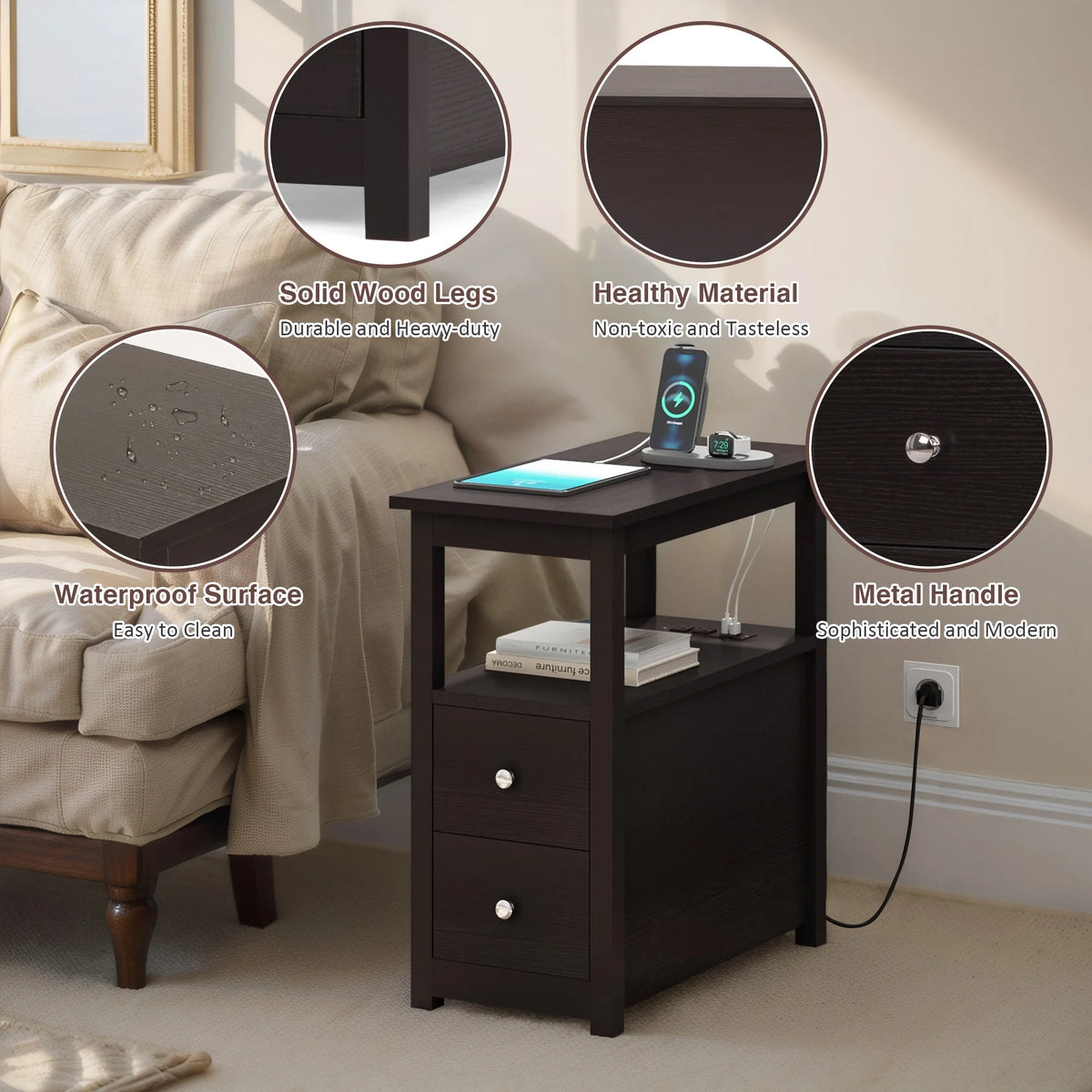 Set of 2 Narrow End Table with Charging Station and 2 Drawers F78212